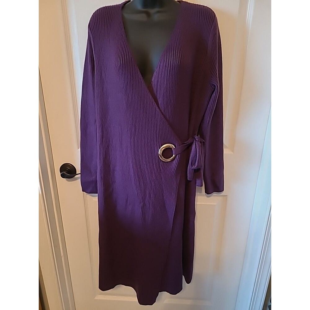 Monroe & Main Sweater Dress Large Purple Gold Accent Ribbed Knit Faux Wrap